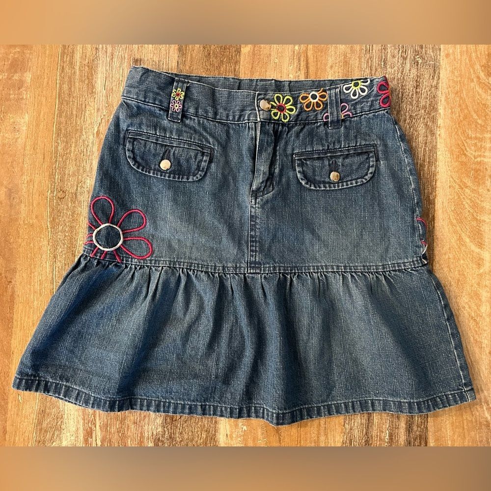 J. Khaki Girls Denim Skirt with‎ Colorful Floral Accents, Size 10